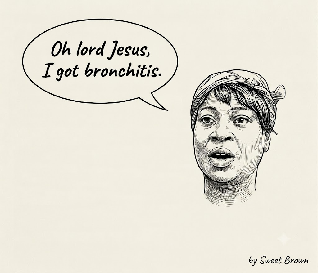Cartoon of Sweet Brown saying 'Oh lord Jesus, I got bronchitis.'